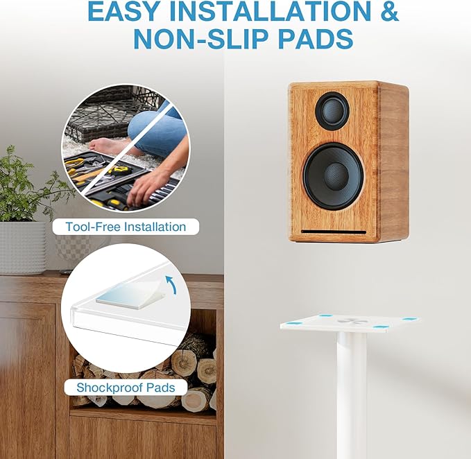 YOMT Universal Speaker Stands Pair for Surround Sound, 28 Inch Floor Speaker Stands with Cable Management Holds 22lbs Bookshelf Speaker Satellite Speaker, 1 Pair, White