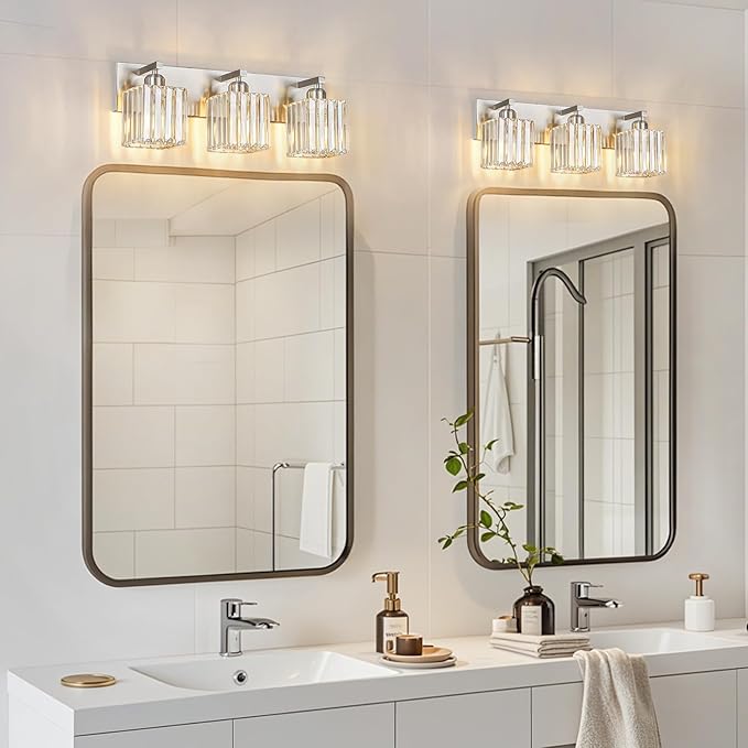 FDPBY Modern Vanity Light 3-Lights Brushed Nickel Vanity Light Crystal Bathroom Wall Light Bathroom Light Fixtures