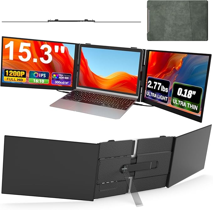 Laptop Screen Extender, Ultra-Thin 15.3" FHD 1200P 16:10 Portable Monitor for Laptop, Lightweight Travel Monitor Extender Plug & Play for 14"-17.3" Laptops, Compatible with Wins/Mac/Android/Chrome