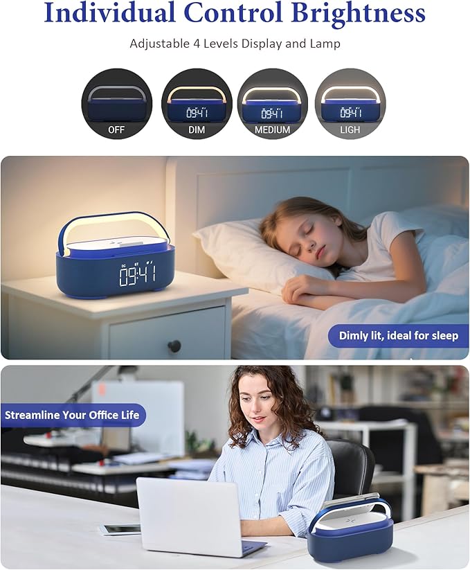 COLSUR Bluetooth Speaker Alarm Clock with Wireless Charger, FM Radio, Adjustable LED Night Light, 6 in 1 Bedroom Portable Speaker 2500mAh, Phone Stand for Bedside, Home, Office, Gift (Blue)