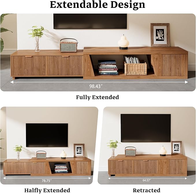 Epecoya Extendable TV Stand with Storage Cabinet Wooden, Mid Century Modern TV Stand with Adjustable Shelf and Drawers, Extra Long TV Stands for Living Room Fluted, Warm Brown Oak (64.57" W-98.43" W)