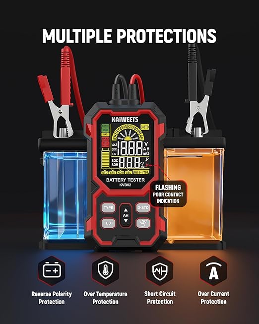 KAIWEETS Car Battery Tester, 12V/24V Automotive Battery Diagnostic Tool, 50-2000 CCA Load Capacity, Digital Battery Analyzer & Voltage Meter for Cars, Trucks, Motorcycles, SUVs, Boats & Marine Use
