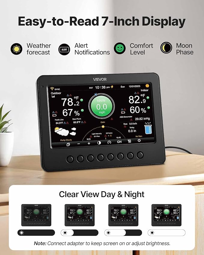 VEVOR 7-in-1 Wi-Fi Weather Station, 7-Inch TFT Display, Wireless Solar Powered - Image 6