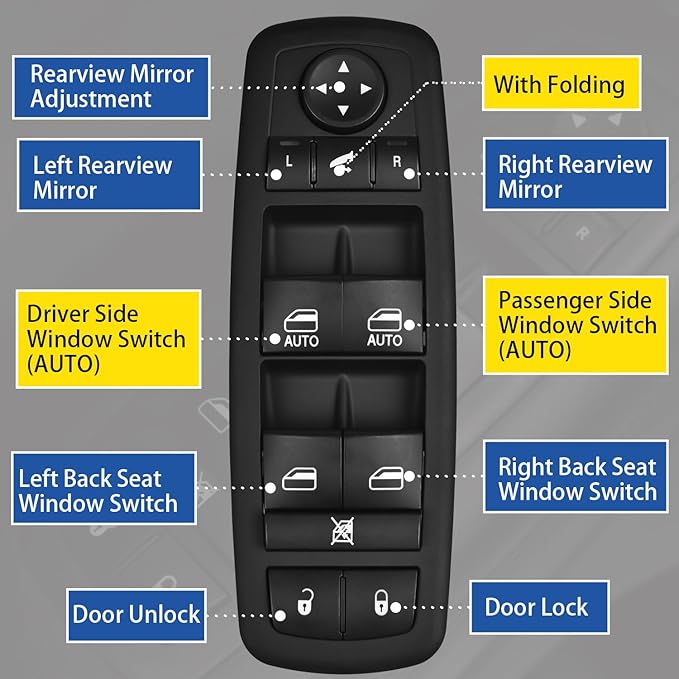 AMICAREP Master Power Window Switch Driver Side Compatible with 2012-2015 Dodge Grand Caravan Ram 1500 2500 3500 Chrysler Town & Country Replaces# 68110867AB (9+3 Pin; w/Power Folding Mirror; 4 Door)