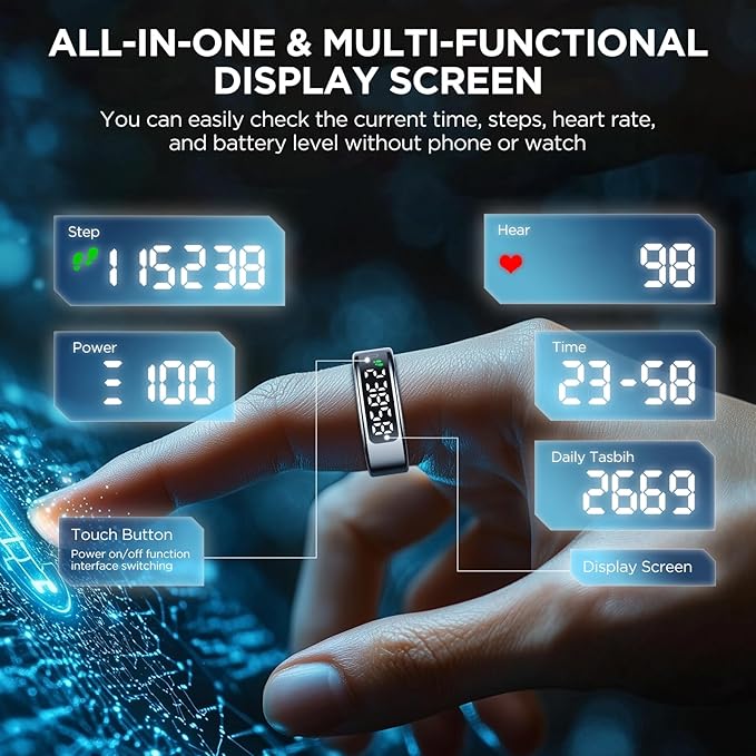 Smart Ring Health Tracker with Display Screen, Sleep Tracker with Heart Rate, Fitness Ring Step Tracker for Activity Monitoring/Steps/Calories,Wireless Charging, for iOS Android (Silver,9#)