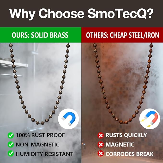 SmoTecQ 10ft Ceiling Fan Pull Chain Extension - Retro Antique Bronze Finish - 3mm Hollow Ball Chain (Rustproof Brass) with 12 Connectors - Vintage Beaded String for Light Fixtures & DIY Crafts
