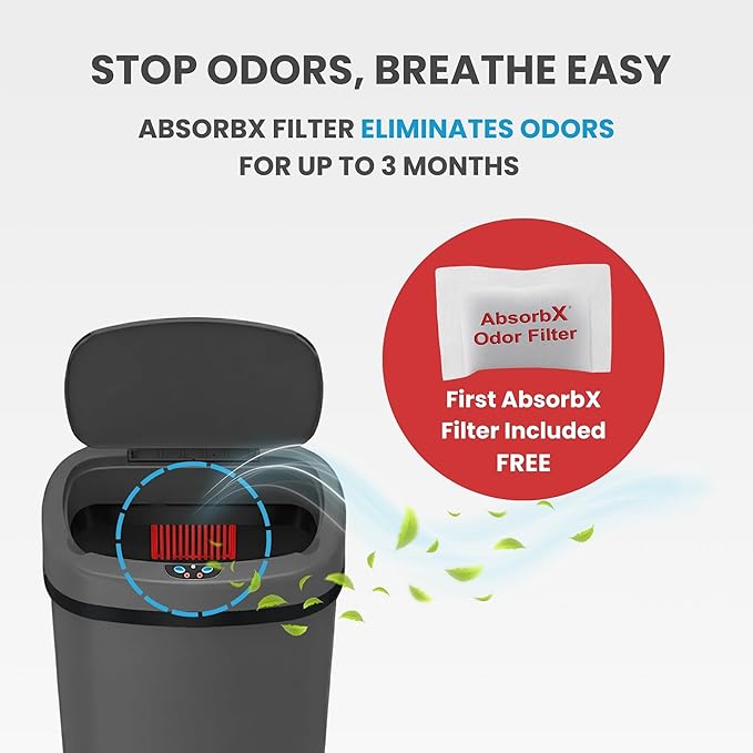 iTouchless 13 Gallon Oval Sensor Trash Can with Odor Filter, Automatic Motion Sensor Kitchen Bin, Slim Curved Soft-Close Gunmetal Gray, Dark Metallic Finish for Office & Garage