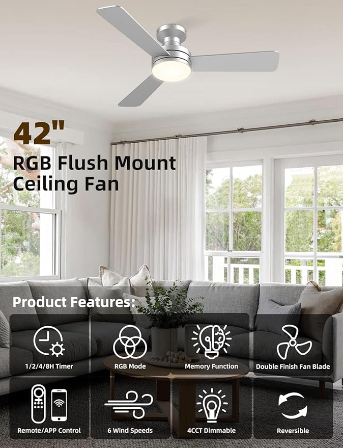 Homlit 42 inch RGB Ceiling Fan with Light, Smart App & Remote Control Low Profile Flush Mount, Music Sync Lighting, 6-Speed Quiet Reversible DC Motor, 4CCT Dimmable for Home Office Party, Silver
