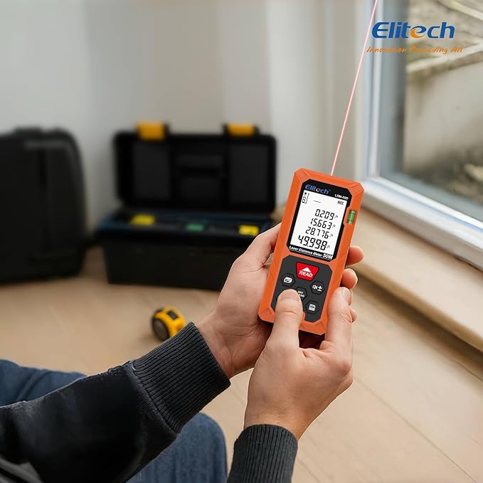 Elitech Laser Measuring Tool 165ft, Digital Laser Tape Measure with Dual Bubble Levels, 99 Data Memory & Mute, Ft/In/M High Precision Measuring Tool for Home Renovation & Decoration (Battery Included)