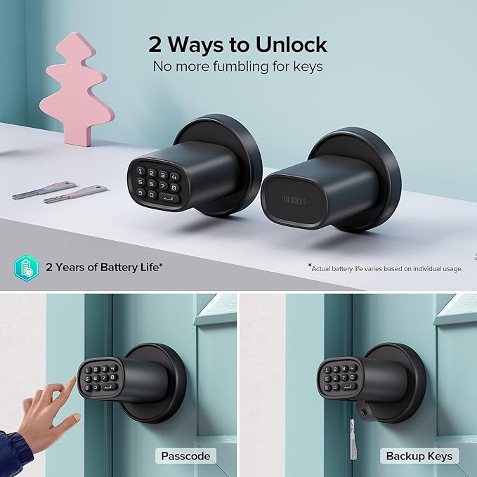 Door Lock Knob with Keypad Keyless Entry Door Knob Electric Coded Indoor Door Knob for Interior Doors Thickness up to 2-1/4", Bedroom, Home Office, Garage, 4xAA Alkaline Battery, M1 Black