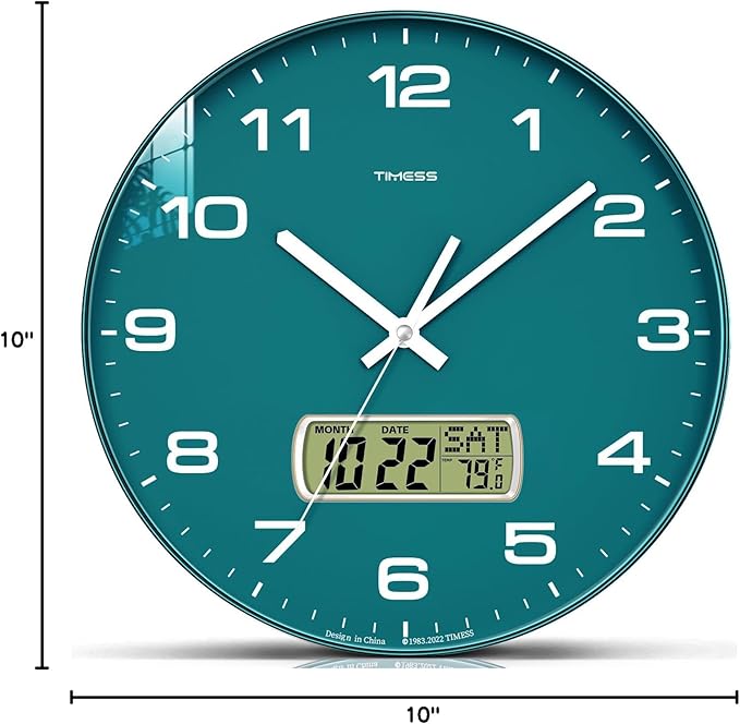 TIMESS Wall Clock, 10" Dial Non-Ticking Silent Battery Operated Analog with LCD Display for Perpetual Calendar and F° Temperature, Ideal Modern Home, Office Decor (Green)