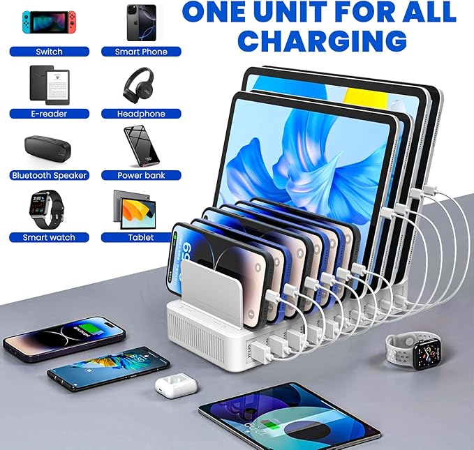 RISWOJOR Charging Station for Multiple Devices, 100W 10 Ports Charging Dock with 10 Cables Smart IC Tech and Adjustable Dividers Type-C，Multi USB Charger for iPhone Galaxy iPad Tablet，White