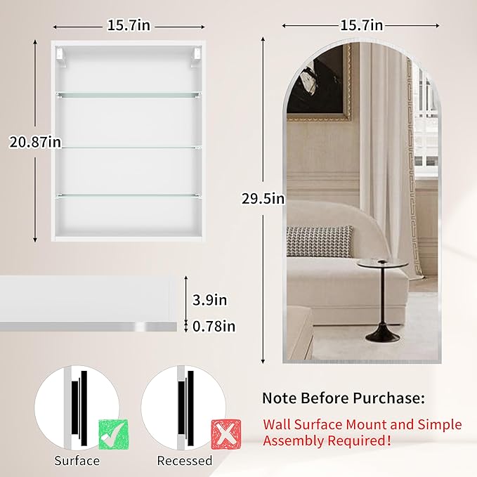Silver Medicine Cabinet with Mirror,Arched Bathroom Cabinet Left or Right Opening,Wall Mounted Medicine Cabinet,Bathroom Vanity Mirror with Storage,Adjustable Shelves, Not Recessed,16x30 inch