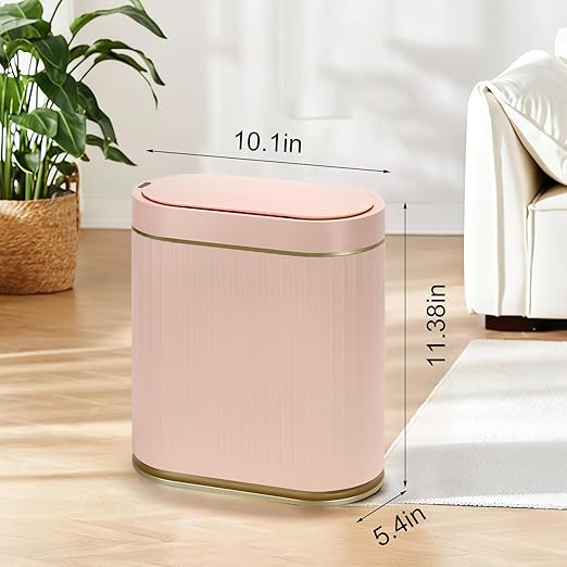 Bathroom Sensor Trash Can with Lid Automatic 2 Gallon Motion Sensor Garbage Bin, 7.5 Liter Slim Waterproof Plastic Wastebasket, Bathroom Decor for Bedroom, Office, Living Room, Pink