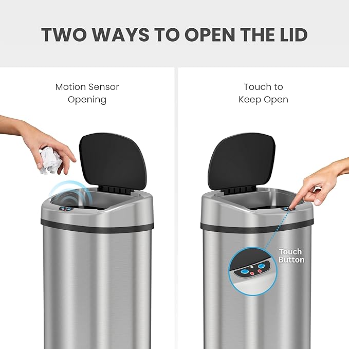 iTouchless 13 Gallon Oval Sensor Trash Can with Odor Filter, Automatic Motion Sensor Kitchen Bin, Soft-Close Stainless Steel, Slim Curved Wastebasket for Narrow Walkways & Islands, Matte Silver
