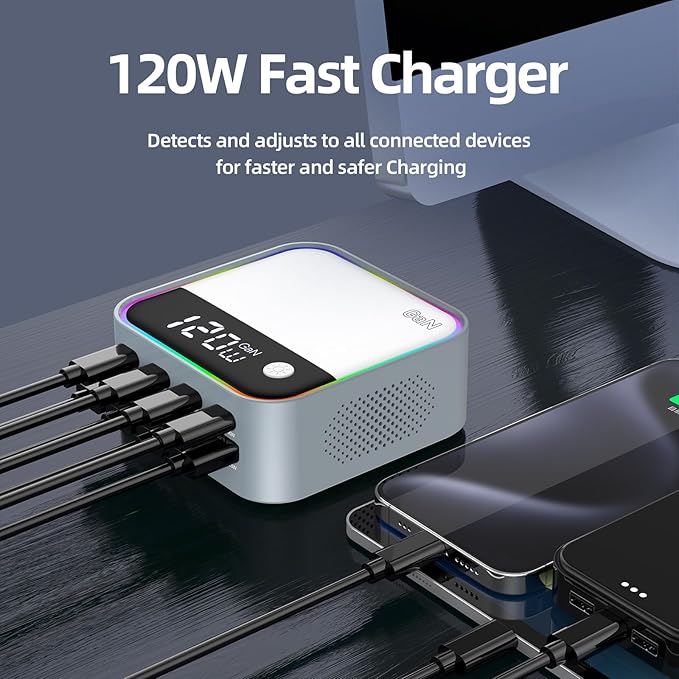 8-Port USB C Charging Station 120W, GaN Fast Charger Block with RGB Ambient Light, Simultaneously Charge Laptop, Phone, Tablet, Headphones for Desk, Gaming, Multiple Device