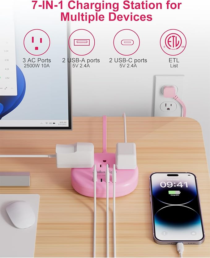 Pink Extension Cord with Surge Protected 1080J - 5 FT Kawaii Power Strip, 1625W Cute Extension Cord with 3 AC Outlet 4 USB (24W/4.8A), Compact for Cute Pink Kawaii Desk Home Essentials