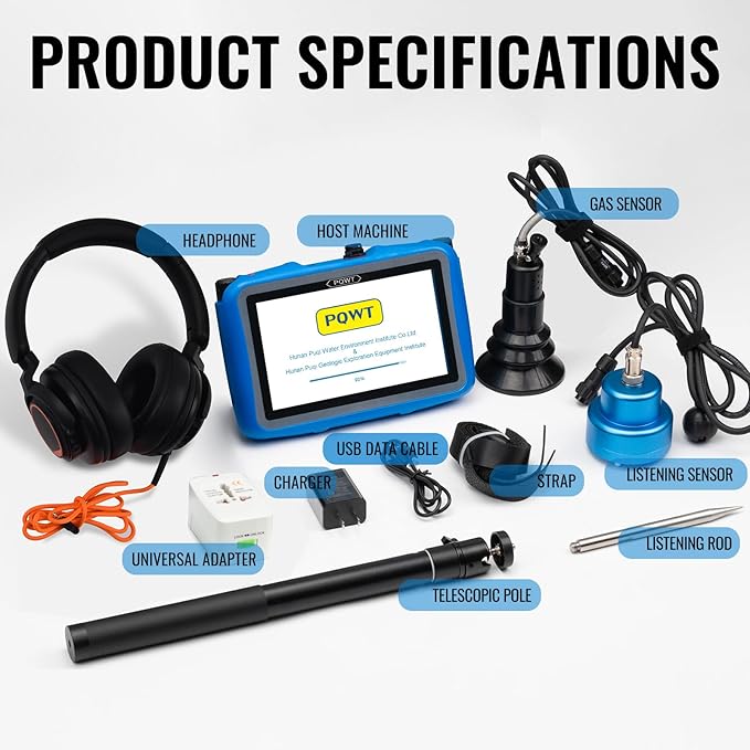 PQWT L9000 Professional Water Leak Detector for Pressure Pipes Combines Acoustic Census Location and Tracer Gas Detection Modes with Touchscreen and Depth up to 8 Meters