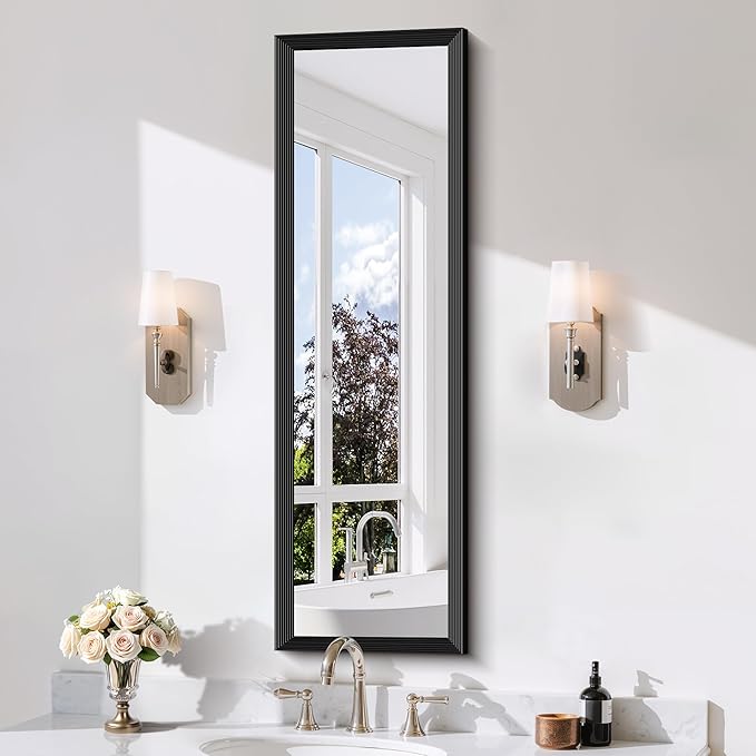 Black Bathroom Mirror 14 x 48 Inch Rectangle Wave Beveled for Wall Bathroom Vanity Mirror for Over Sink, Tempered Glass,for Entryway Hangs, Bathroom Living Room Horizontal or Vertical
