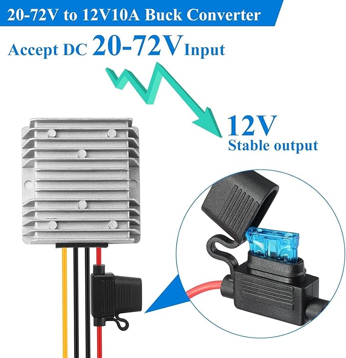 BEYIMEI DC to DC Converter 20-72V to12V 10A 120W, DC 24V 36V 48V 60V 72V Step Down to 12V Buck Converter Regulator Voltage Conversion Transformer for Golf Cart, forklifts Car,Solar Panel Regulation