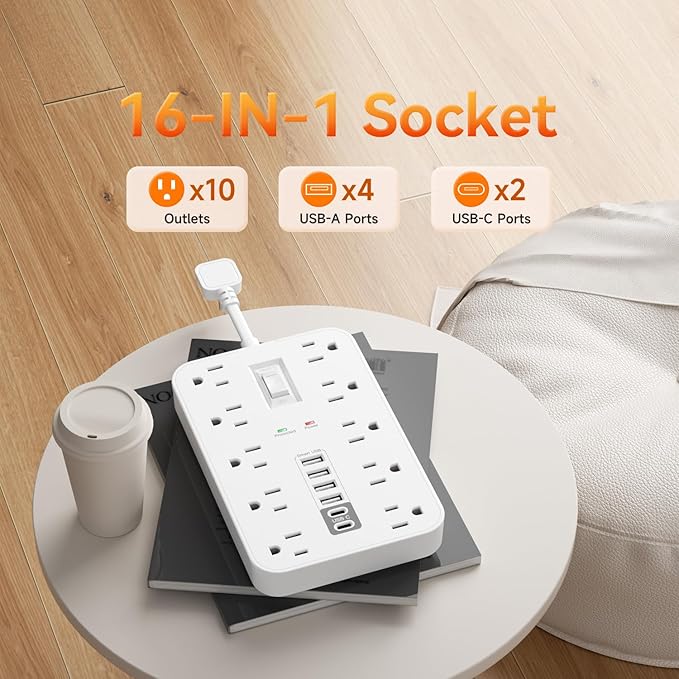 Short Extension Cord with USB and USBC Ports, Flat Outlet Extender with 10 AC Outlet 6 USB, 1 Switch & 2 LED Indicator, USB Wall Power Strip for Multiple Devices, for Home, Office, Dorm Essentials