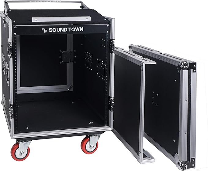 Sound Town Enhanced 1/2" (12mm) Plywood 12U PA DJ Rack/Road Case with 11U Slant Mixer Top, 20’’ Rackable Depth, DJ Work Table and Casters, 12-Space ATA Case, Pro Tour Grade (STMR-S12UWT)
