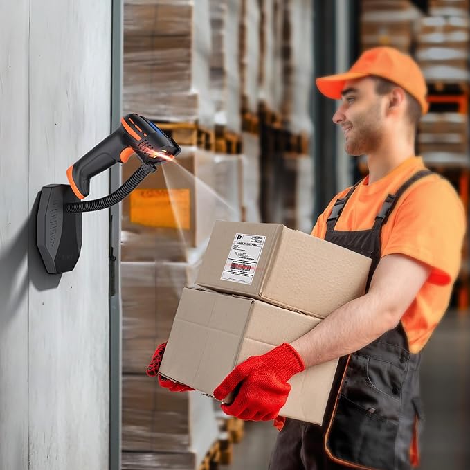 Tera Pro Barcode Scanner with Power Switch Battery Level Indicator Replaceable Battery Wall Mountable Stand 1D 2D QR Works with Bluetooth 2.4G Wireless USB Wired Bar Code Reader D6100
