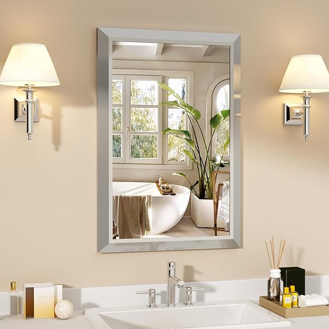 SMIROR Brushed Silver Bathroom Mirror for Over Sink, 24”x 36” Metal Thick Framed Rectangle Vanity Mirror for Wall, Right Angle Corner, Anti-Rust, Horizontally or Vertically Mounted
