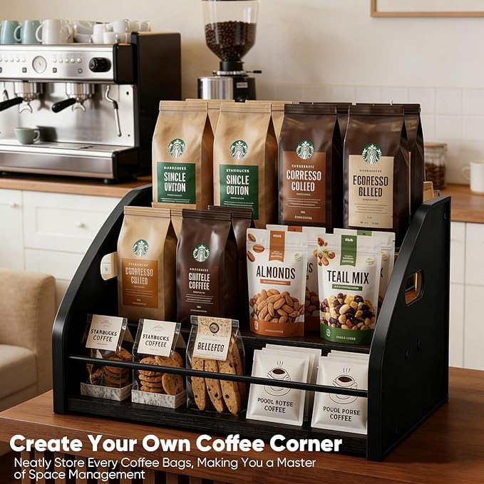 STAEVER Coffee Syrup Rack- Extra Large for 15 Syrup Bottles Holder- Rustic Countertop Display Shelf for Liquor Bottles, Coffee Bar, Kitchen Cabinet- Pantry Storage for Water Bottles, Spirits & Whiskey