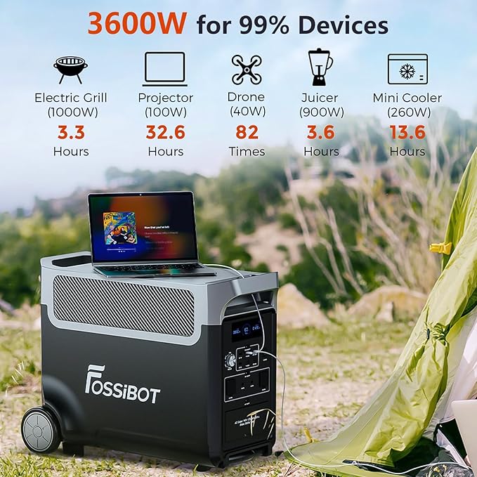 FOSSiBOT 3600W Portable Power Station, 3840Wh Solar Generator with LiFePO4 Battery for Home, Camping, RV, Emergencies (F3600+420w solar panel)