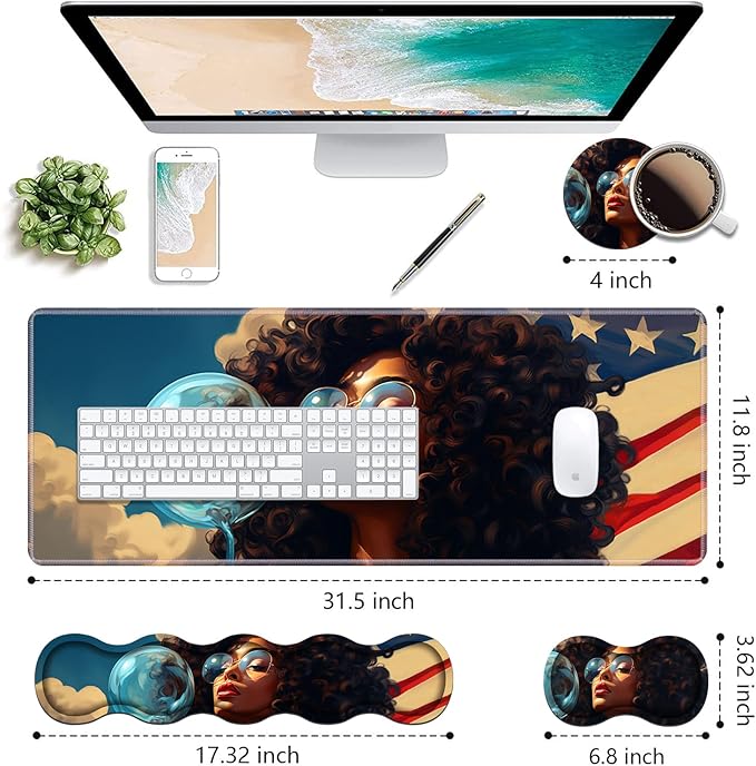 Ergonomic Keyboard Wrist Rest & Mouse Pad Wrist Rest Set, Large XXL Gaming Desk Mat 31.5"x 11.8" with Non-Slip Base, Memory Foam, Easy Typing Pain Relief for Home & Office, African American Girl