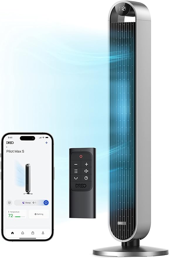 DREO Tower Fan for Bedroom, 42 Inch 120° Oscillating Fan, 25dB Quiet DC Motor, 28ft/s Velocity Bladeless Standing Fan with 12 Speeds, 4 Modes, 12H Timer Cooling Fans for Home, Living Room, Pilot Max S
