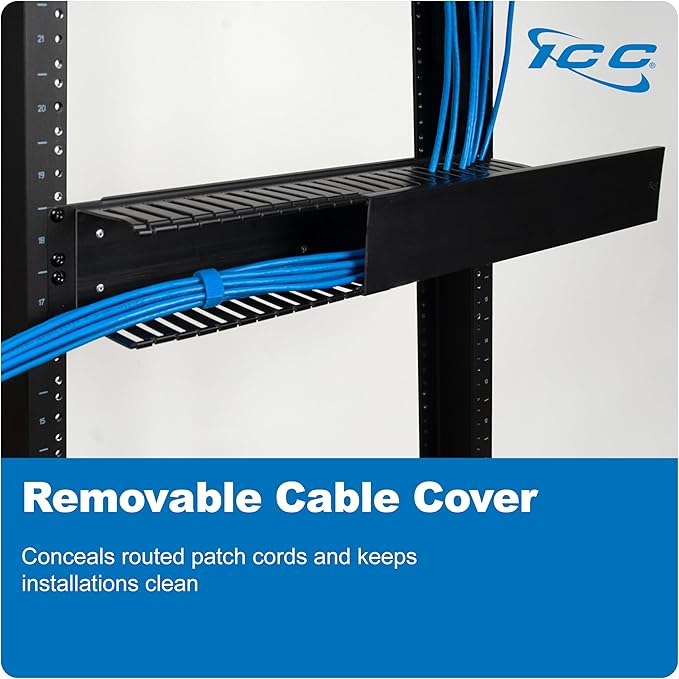 ICC 2U Finger Duct Cable Manager Panel with Cover, Plastic with Metal Back Frame, 5" Depth, Horizontal Cable Management, Rackmount for 19” Network Racks, Black, Single Pack