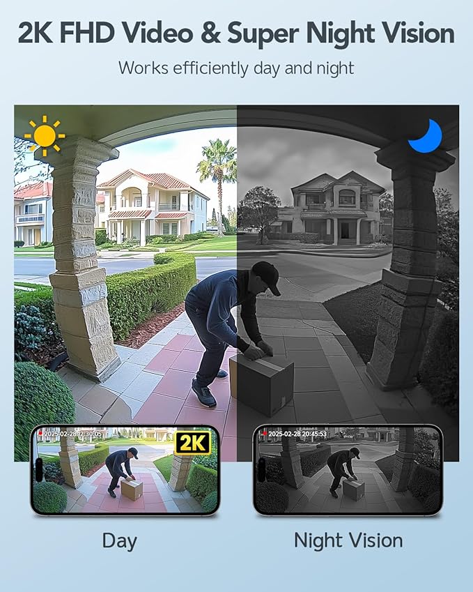 XTU Battery Doorbell, 180° Head-to-Toe Video, Live View with Two-Way Talk, No Monthly Fee, 2.4G Wi-Fi with Chime, Local/Cloud Storage, Human Detection, Compatible with Alexa & Google Home