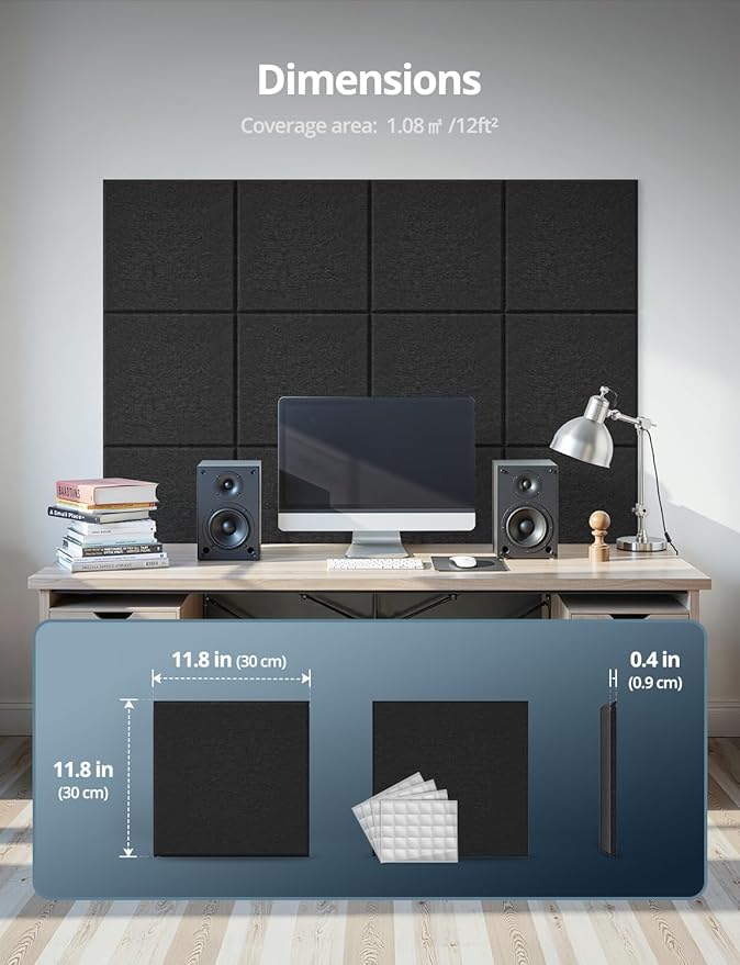 Square Acoustic Wall Panels, Sound Absorbing Panels for Walls, Ceiling, Doors, 12 Pack 12"x12"x0.4" Decorative Black Acoustic Tiles for Recording Studio, Office, Room, Home