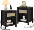 SICOTAS Black Nightstands Set of 2 with Charging Station - Boho Rattan Night Stand with Drawer, Modern Bedside Table with USB and Type-C Ports, Bed Side Tables for Bedroom, Black Oak, 2 PCS
