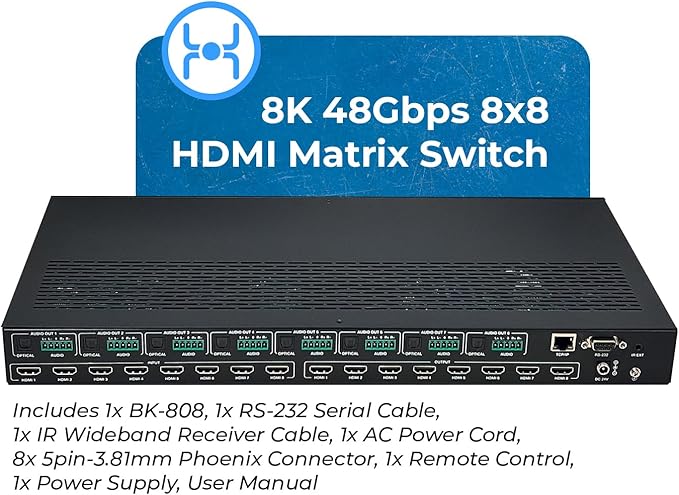 OREI 8K 8x8 HDMI Matrix Switch, Switcher with Audio Extractor UltraHD Supports Upto 4K @ 120Hz IR EDID HDCP 2.3 - Remote Control HDR10+ Dolby Vision, VRR, ALLM (BK-808)