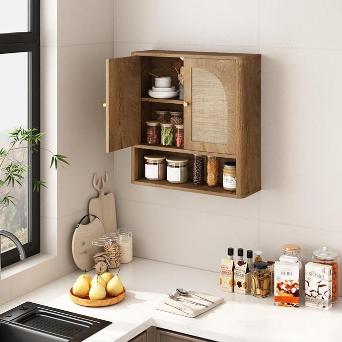 RUSTOWN Rattan Bathroom Wall Cabinet, Over The Toilet Storage Cabinets with 2 Arched Doors, Modern Medicine Cabinet with Adjustable Shelf & Rounded Edges, Mid-Century Bathroom Organization