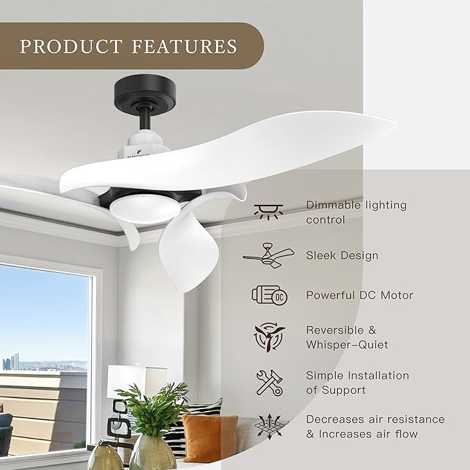AEROFANTURE 54 Inch White Ceiling Fan, Quiet DC Motor with Remote, 6 Speeds and Reversible Airflow, Modern Indoor Fan for Bedroom or Living Room