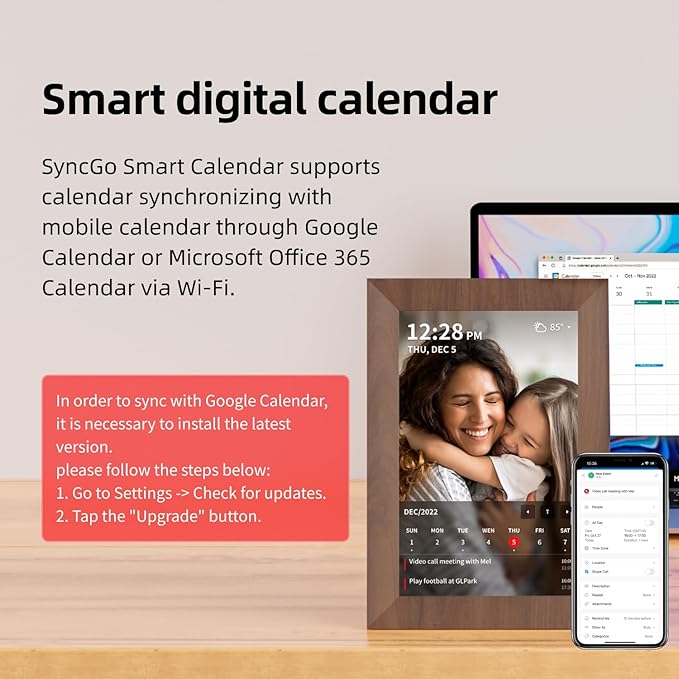 SyncGo 10.1 Inch Smart Wi-Fi Digital Calendar (Wood Grain) - Displays Your Photos, Wi-Fi Sync with Google Calendar, Wide Angle HD View