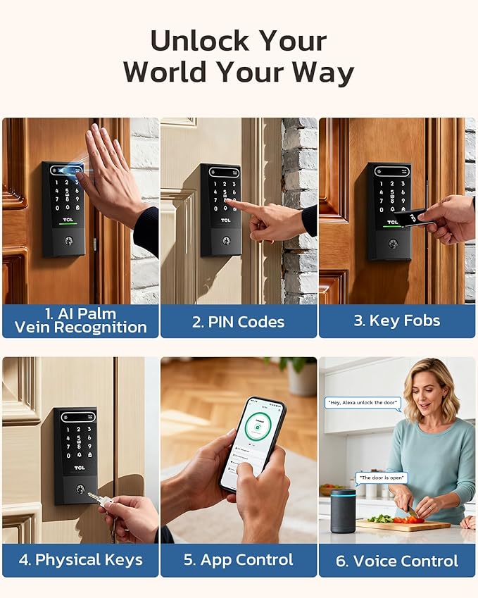 TCL D2 Pro Smart Lock with Palm Vein Recognition, 10000mAh Rechargeable Battery & Wi-Fi, Keyless Entry Door Lock, IP55 Weatherproof, Built-in Doorbell, Auto Lock, Compatible with Alexa, Black