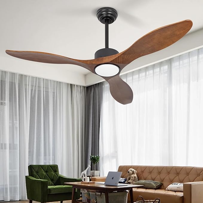 revoici 52 Inch Brown Wood Ceiling Fan with Light and Remote, 6 Speed and Reversible DC Motor, 3 Blade Low Profile Flush Mount Mordern Wood Ceiling Fans for Living Room Bedroom Outdoor Patio