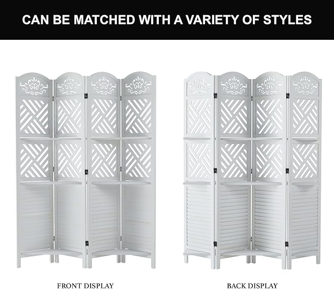 Svimi Room Divider with Shelves, 68.9inch Wood Carved and Louvered Wall Divider Freestanding, 4 Panels Folding Partition Screen for Bedroom Home Office (White)
