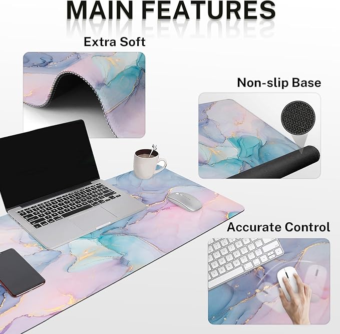 Britimes Blue Purple Liquid Marbling Keyboard Mouse Pad Set 4in1 Large Mousepad+Keyboard Wrist Rest+Mouse Wrist Rest+Coaster Ergonomic Design for Home Office Computer 35.4x15.7 inches