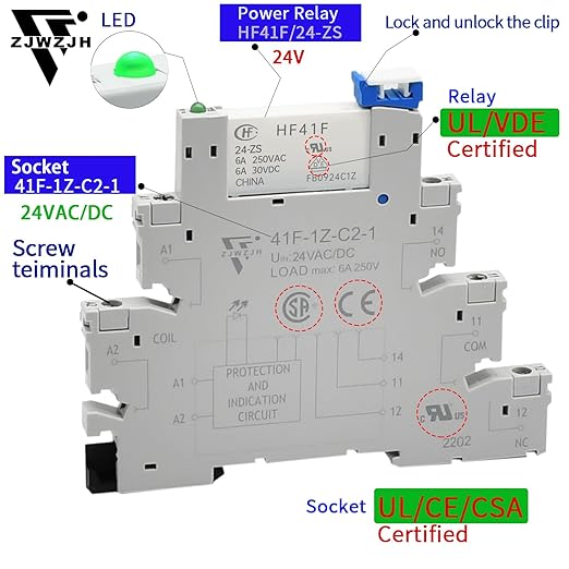 ZJWZJH 10Pcs Miniature Electromagnetic Relay 24V Coil DC/AC; Signal for PLC; HF41F/24-ZS 1NO 1NC 6Amp SPDT with Jumper, Separator, 24V Relay Din Rail, UL Listed