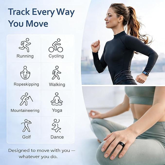 Smart Ring Health & Fitness Tracker for Men & Women, Heart Rate, SPO₂, Sleep & Activity Monitoring, IP68 Waterproof, Long Battery Life, Family Care Mode, No Subscription Fee (Black, 7)