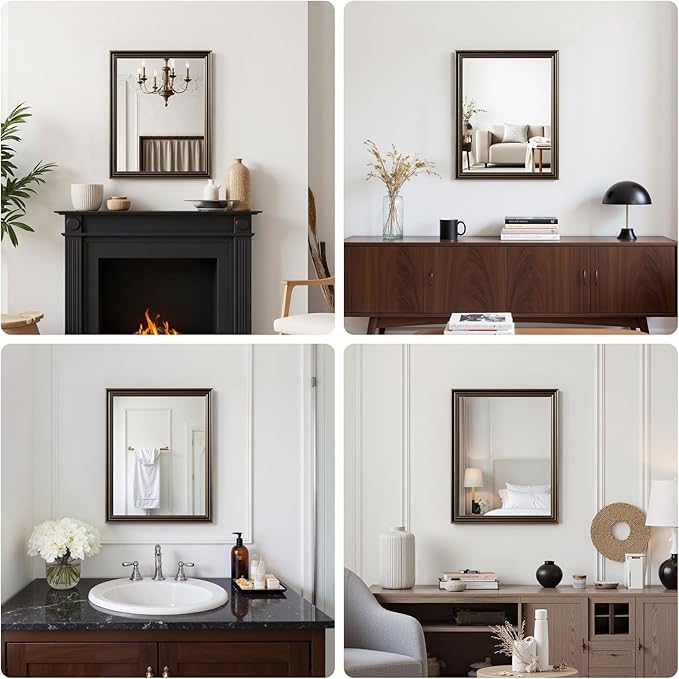 Retro Copper Effect Framed Wall Mirror, 36x40 Rectangle Mirror, Anti-desilvering Tempered Glass, Sustainable&Sturdy Frame, Anti-Rust, HD Reflection &3min Fast Setup for Bathroom Living Room