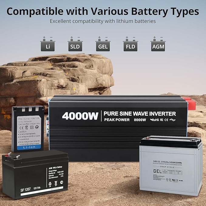 4000W Pure Sine Wave Inverter, 1 USB Port 5v/3.4a,LCD Display&Remote Controller for Home, RV, Truck