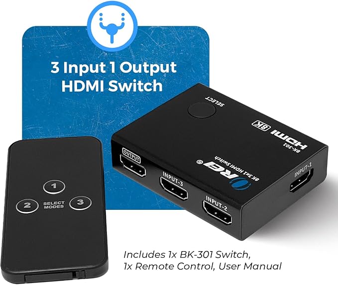 OREI HDMI Switcher with 4K@120Hz 4:4:4 / 8K@60Hz 4:2:0 - HDR10+, VRR, ALLM, QFT, CEC - 48Gbps Bandwidth - HDMI Switch with Remote – Perfect for Gaming with PS5/Xbox/PC