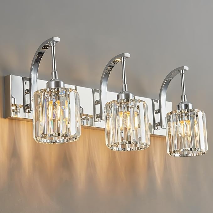 FDPBY 3-Light Crystal Vanity Light, Modern Chrome Bathroom Wall Sconce with K9 Crystal Shades, 23.62" Long Over Mirror Lighting for Vanity, Makeup, Hallway, Elegant & Durable
